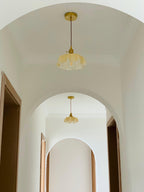 French Flower Pendant Light, Pleated Glass Shade, Brass, E27