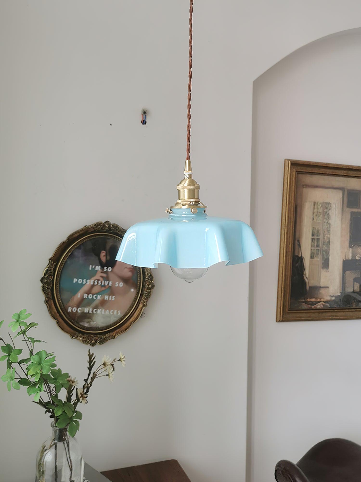 French Flower Pendant Light, Pleated Glass Shade, Brass, E27