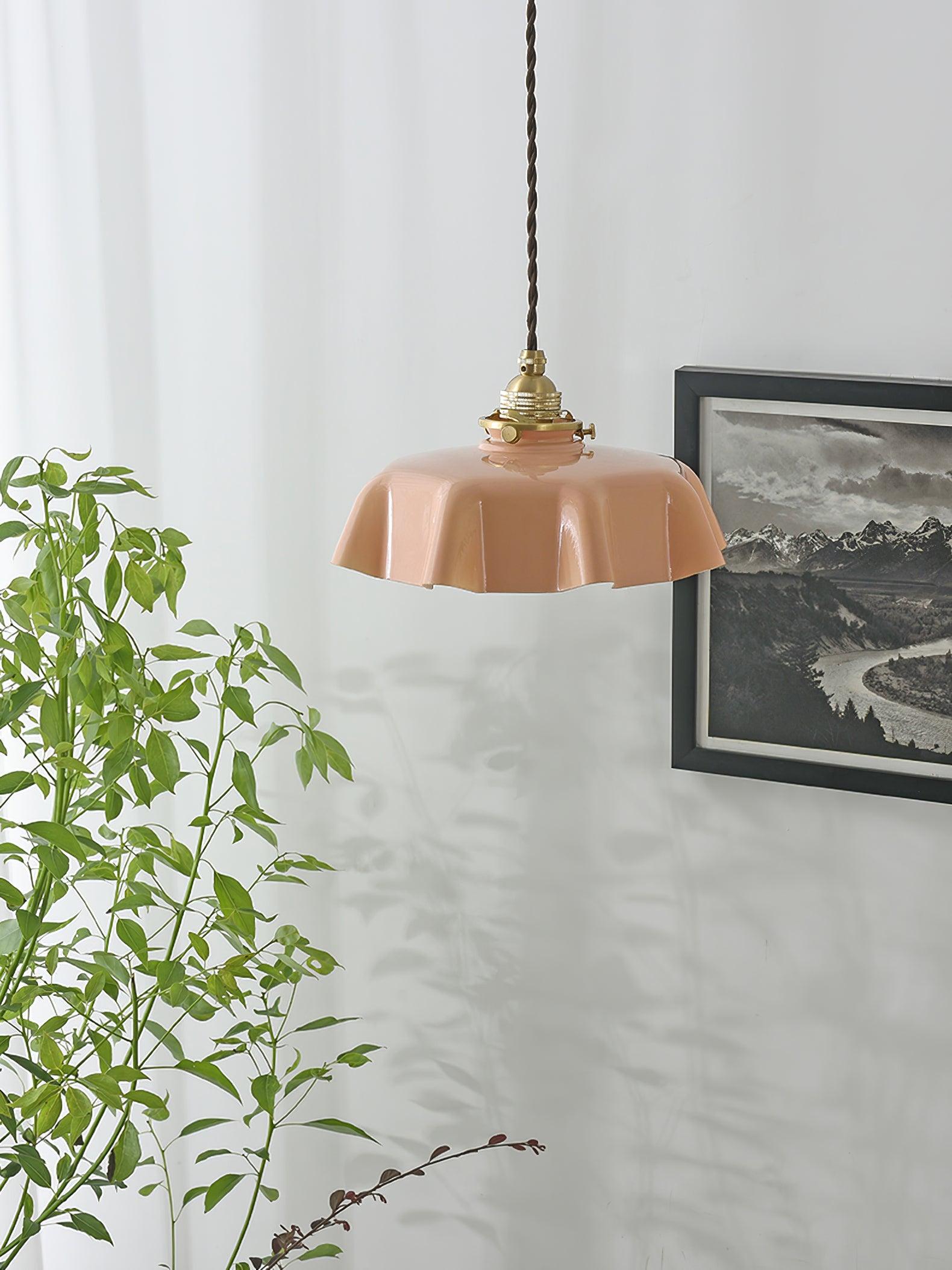 French Flower Pendant Light, Pleated Glass Shade, Brass, E27