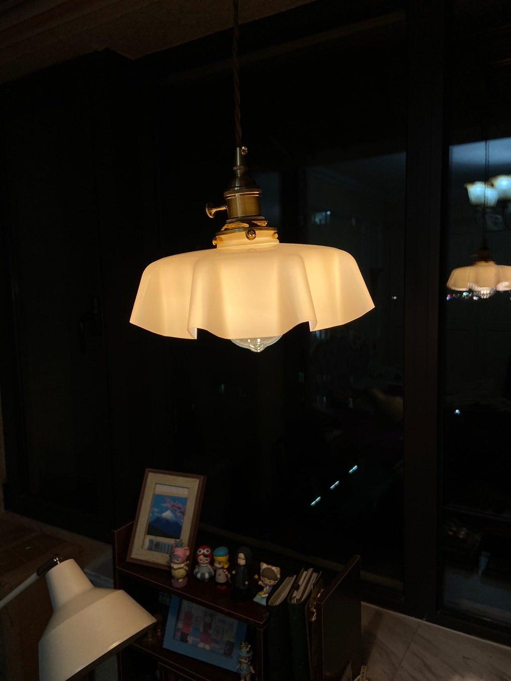 French Flower Pendant Light, Pleated Glass Shade, Brass, E27
