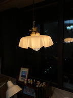French Flower Pendant Light, Pleated Glass Shade, Brass, E27