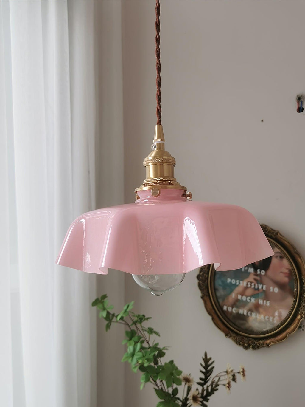 French Flower Pendant Light, Pleated Glass Shade, Brass, E27