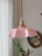 French Flower Pendant Light, Pleated Glass Shade, Brass, E27