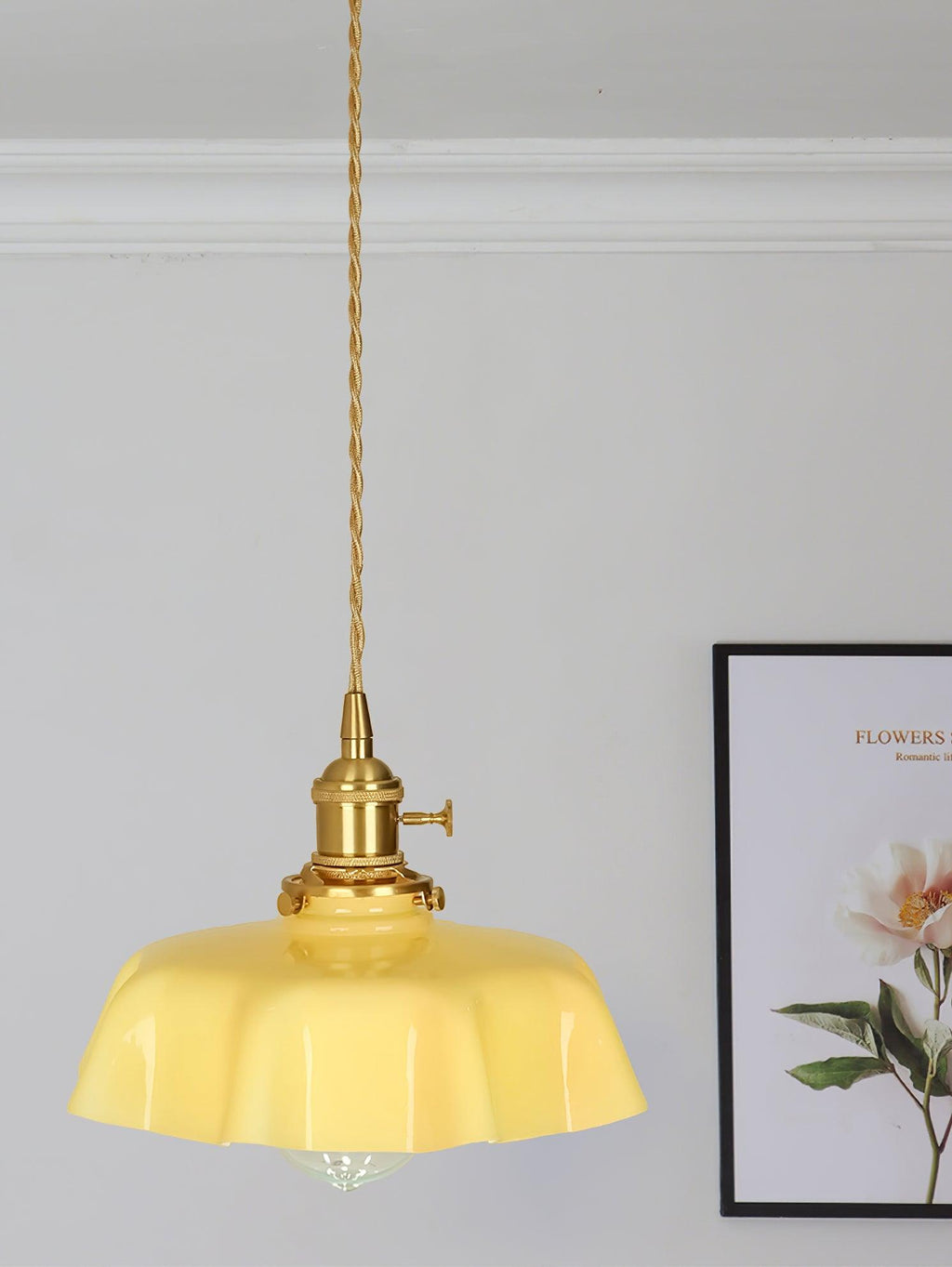French Flower Pendant Light, Pleated Glass Shade, Brass, E27