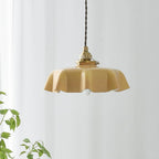 French Flower Pendant Light, Pleated Glass Shade, Brass, E27