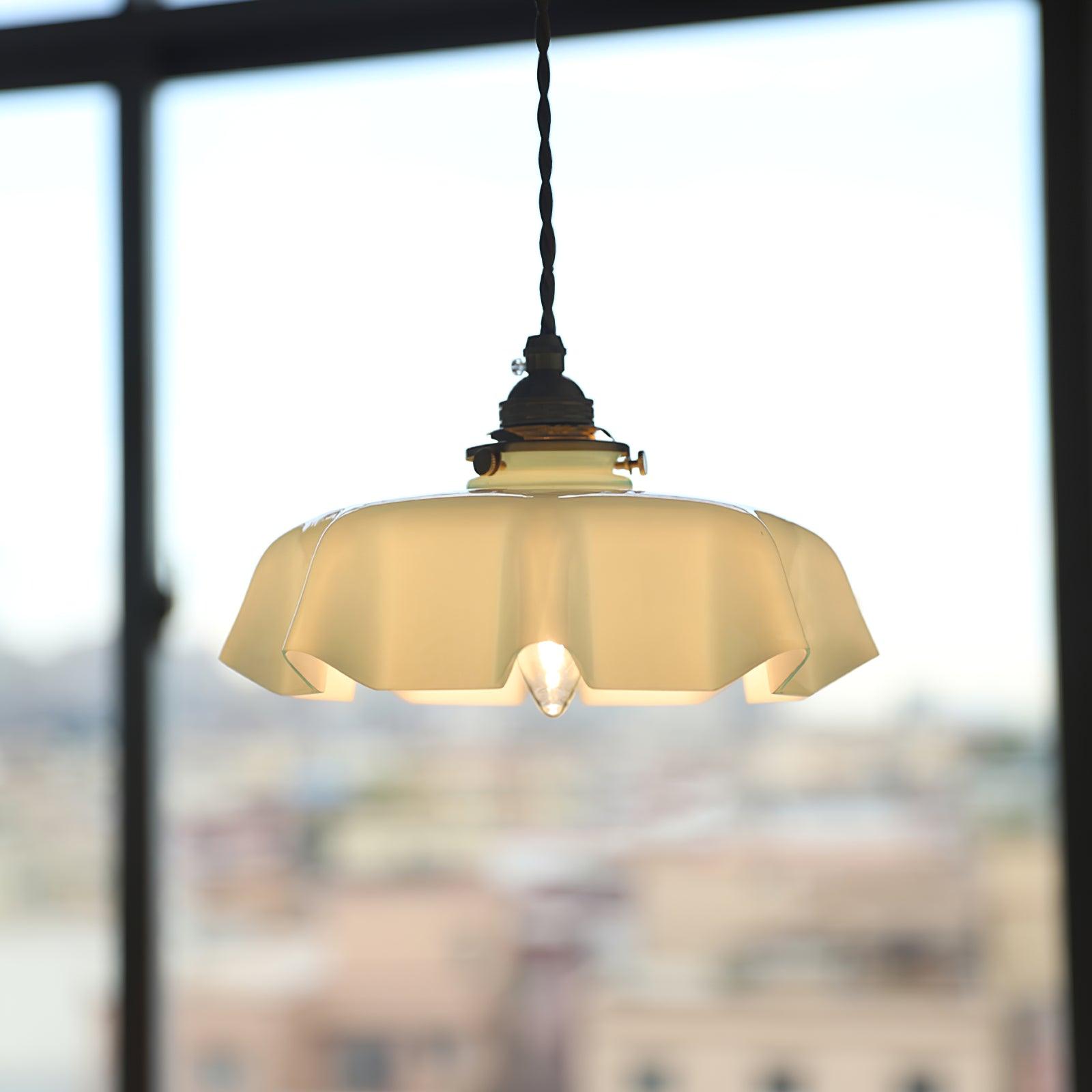 French Flower Pendant Light, Pleated Glass Shade, Brass, E27