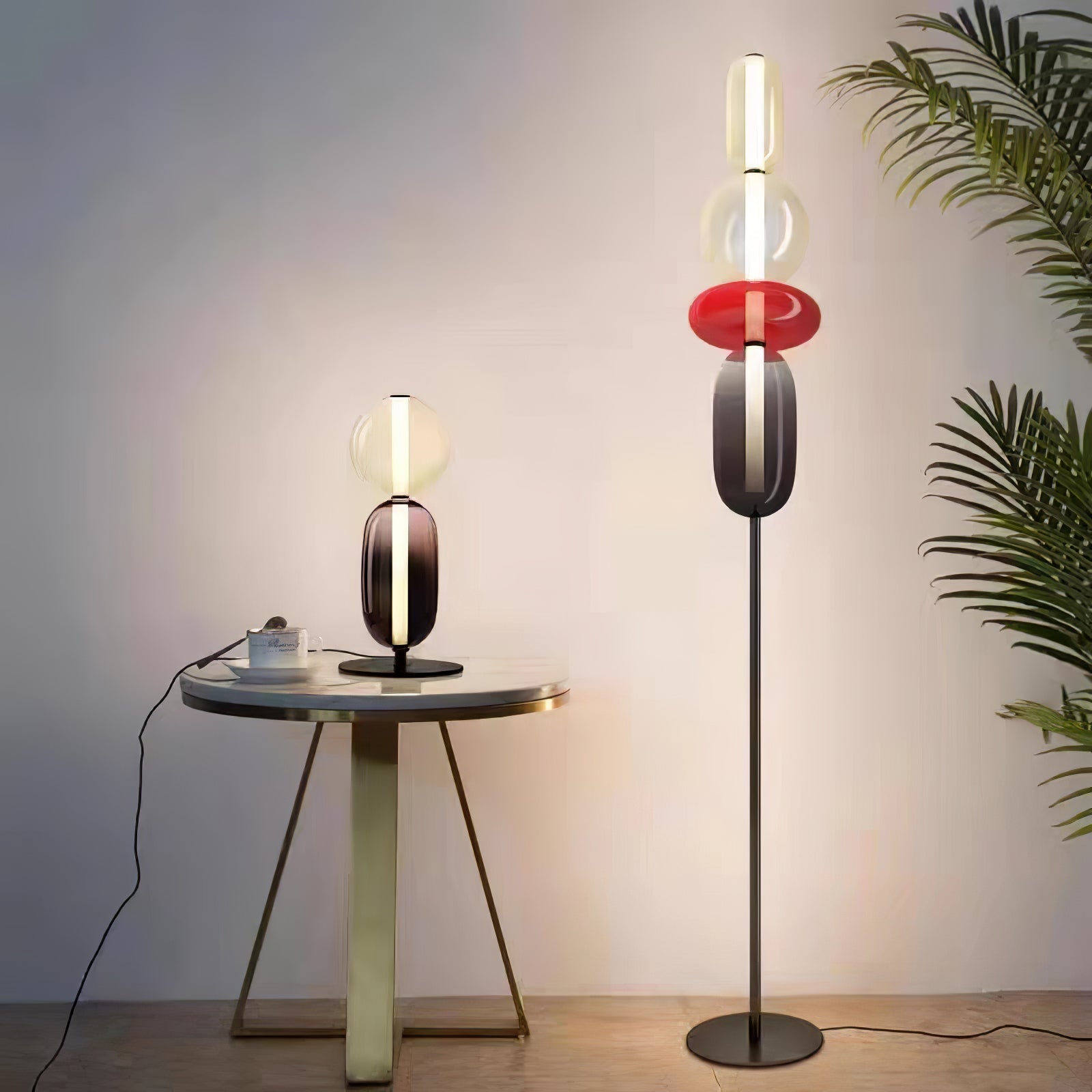 Candied Glass Table Lamp, Hand-Blown Crystal Pebbles, Black Base, LED