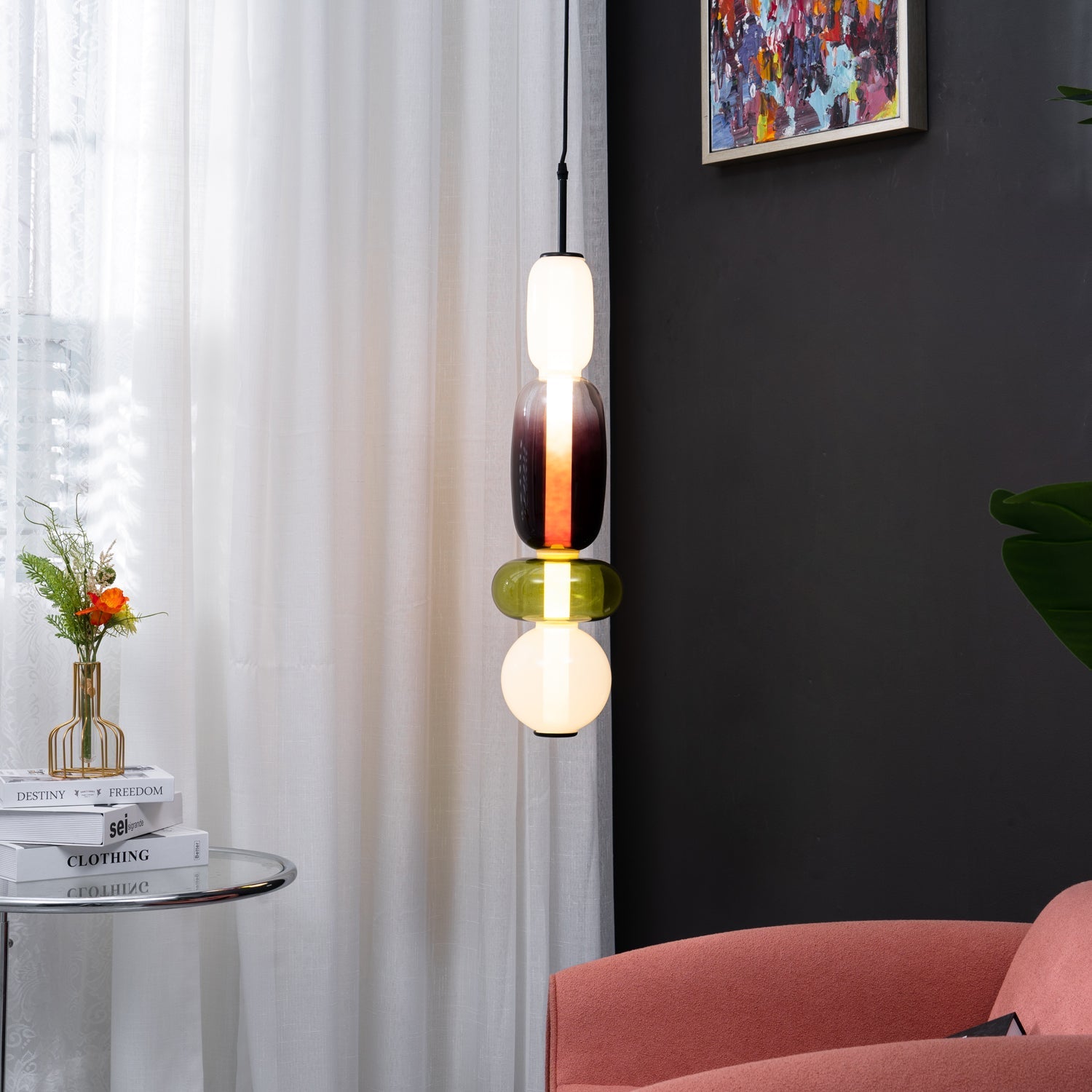 Single tinted glass jar pendant light with black fitting