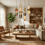 Coloured glass jar pendant light against a neutral background