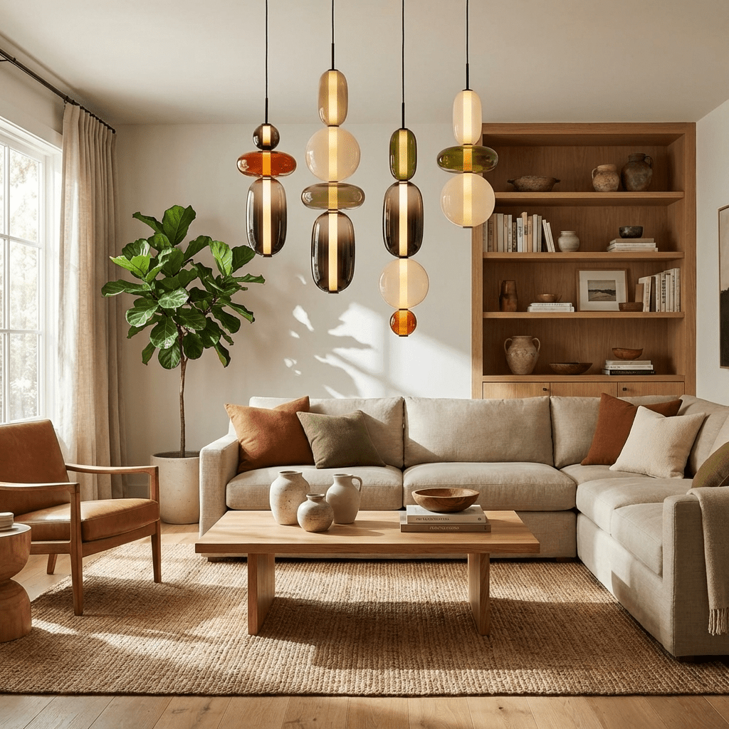 Coloured glass jar pendant light against a neutral background