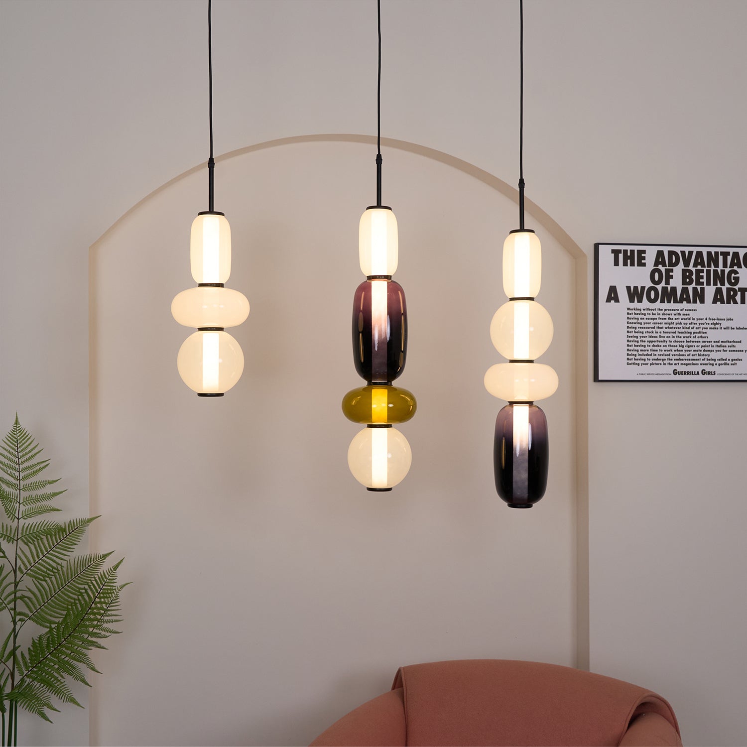 Tinted glass jar pendant lights series shown together
