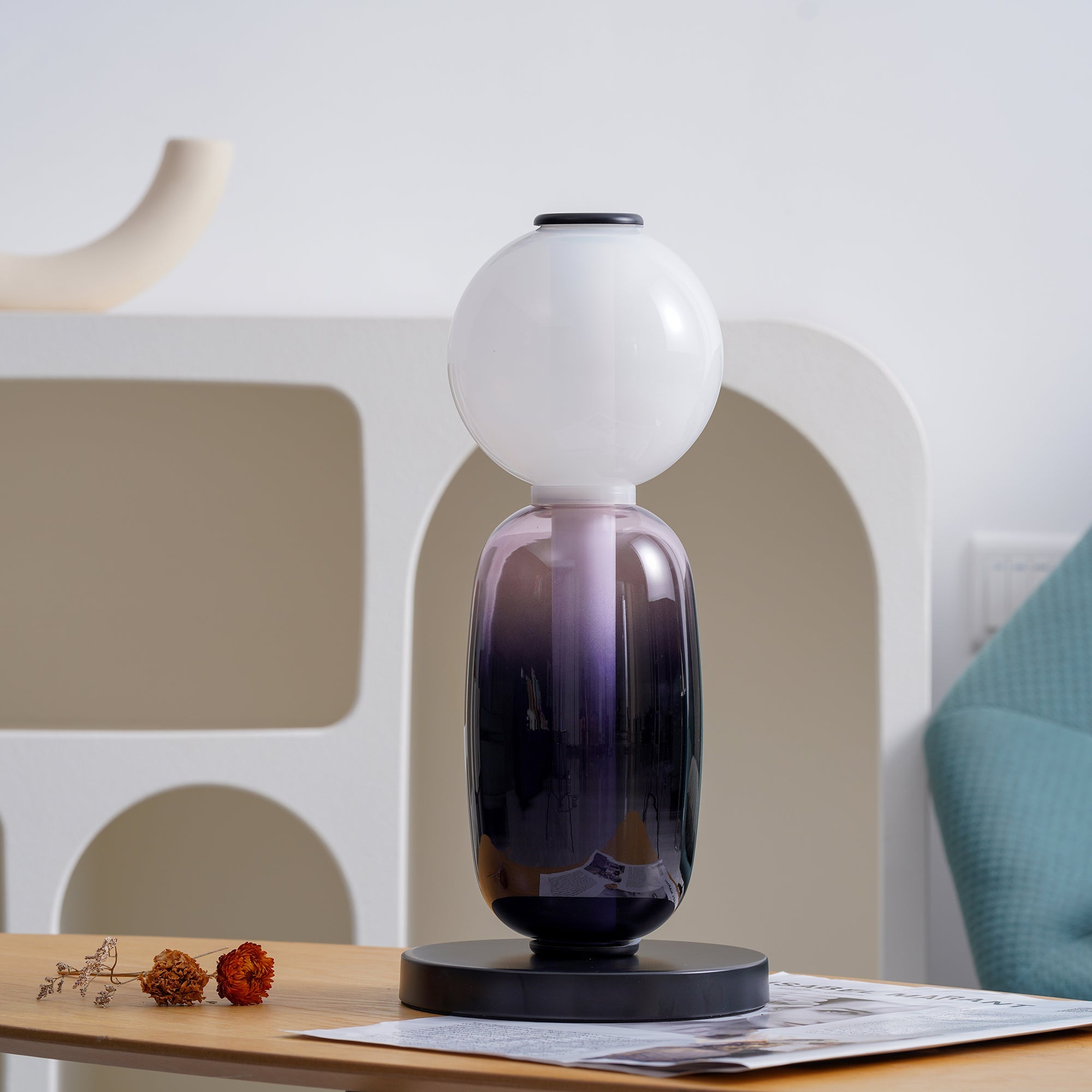 Crystal cluster table lamp detail with warm internal glow