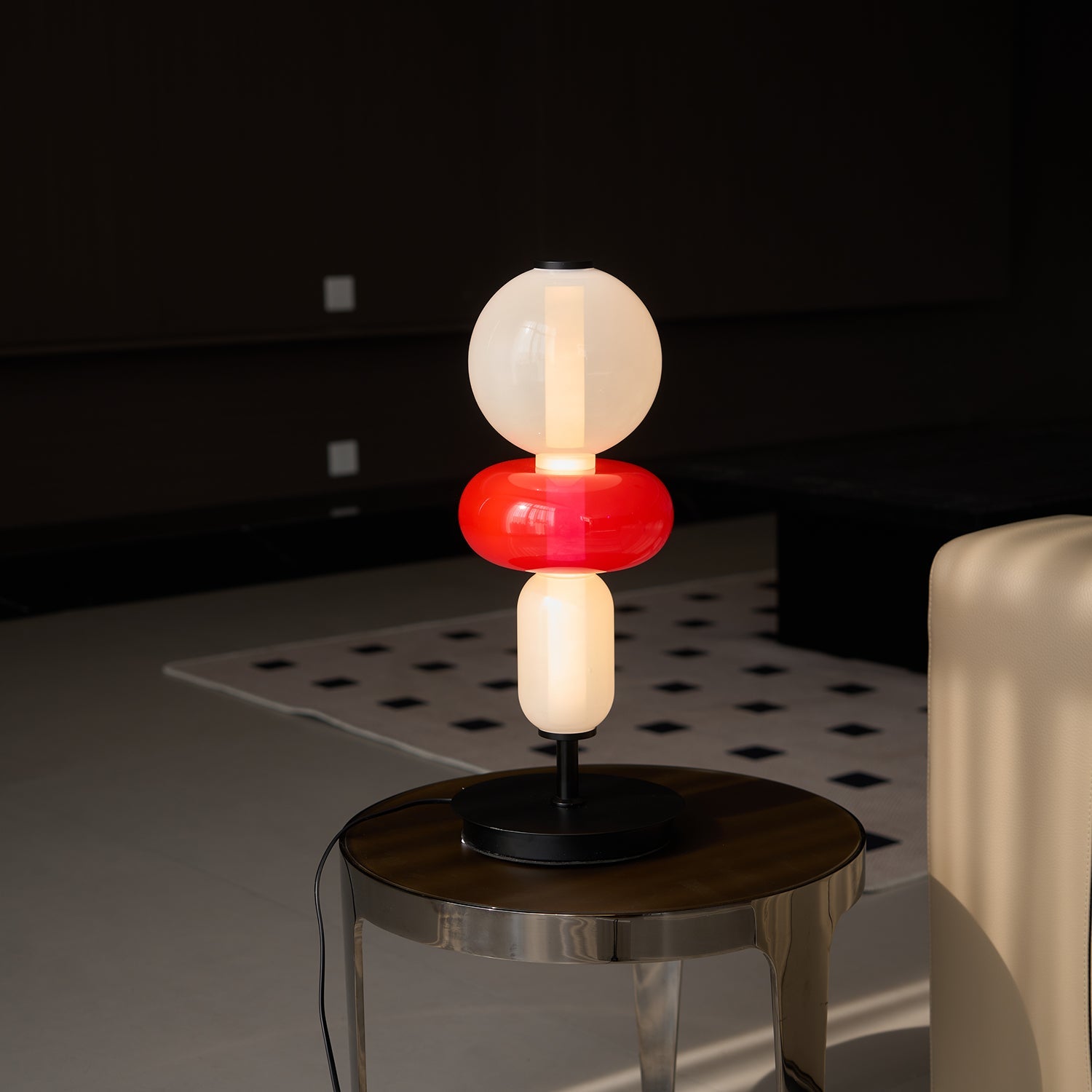 Glass cluster table lamp detail showing unique swirled shapes