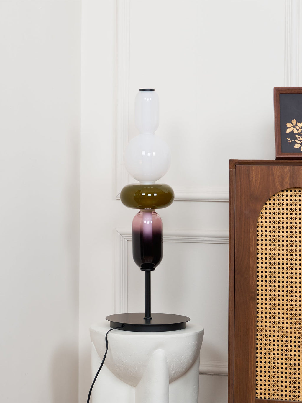 Candied Glass Table Lamp, Hand-Blown Crystal Pebbles, Black Base, LED