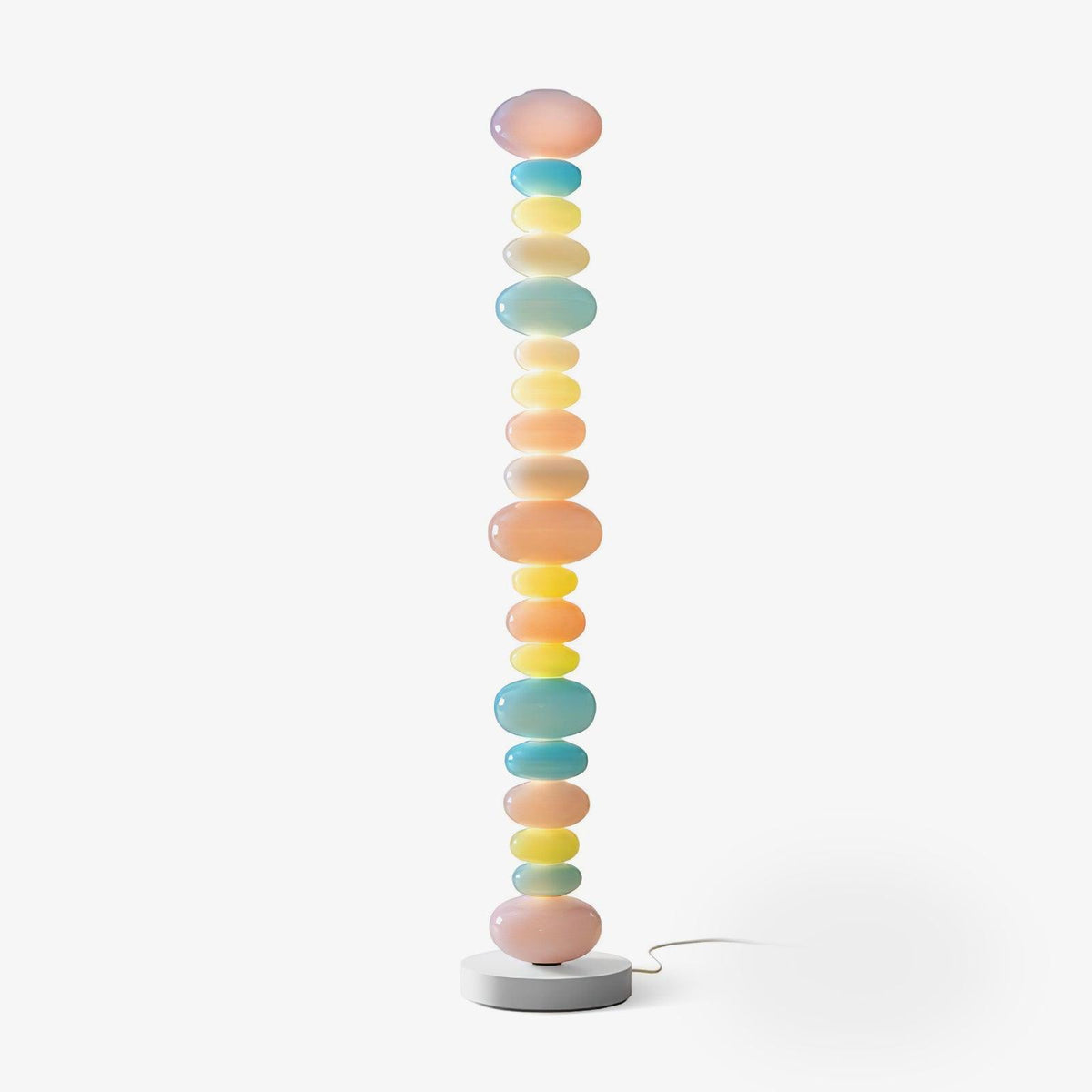 Clérachic multicolour glass globe floor lamp shown unlit on a plain white background, full length with its round base.