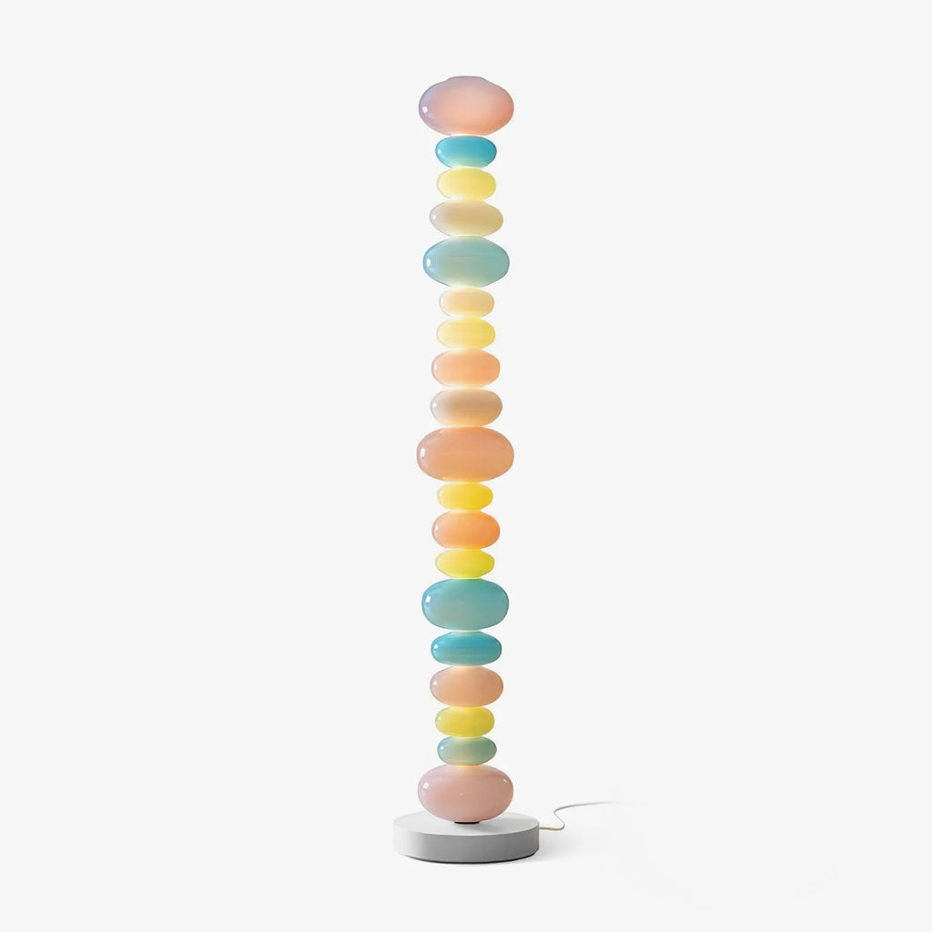 Clérachic multicolour glass globe floor lamp shown unlit on a plain grey background, its power cord coiled at the base.