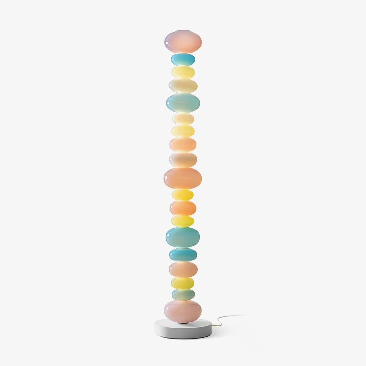 Clérachic multicolour glass globe floor lamp shown unlit on a plain grey background, its power cord coiled at the base.