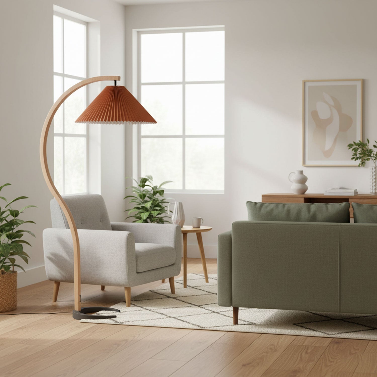 Floor lamp with warm linen shade styled in a modern interior