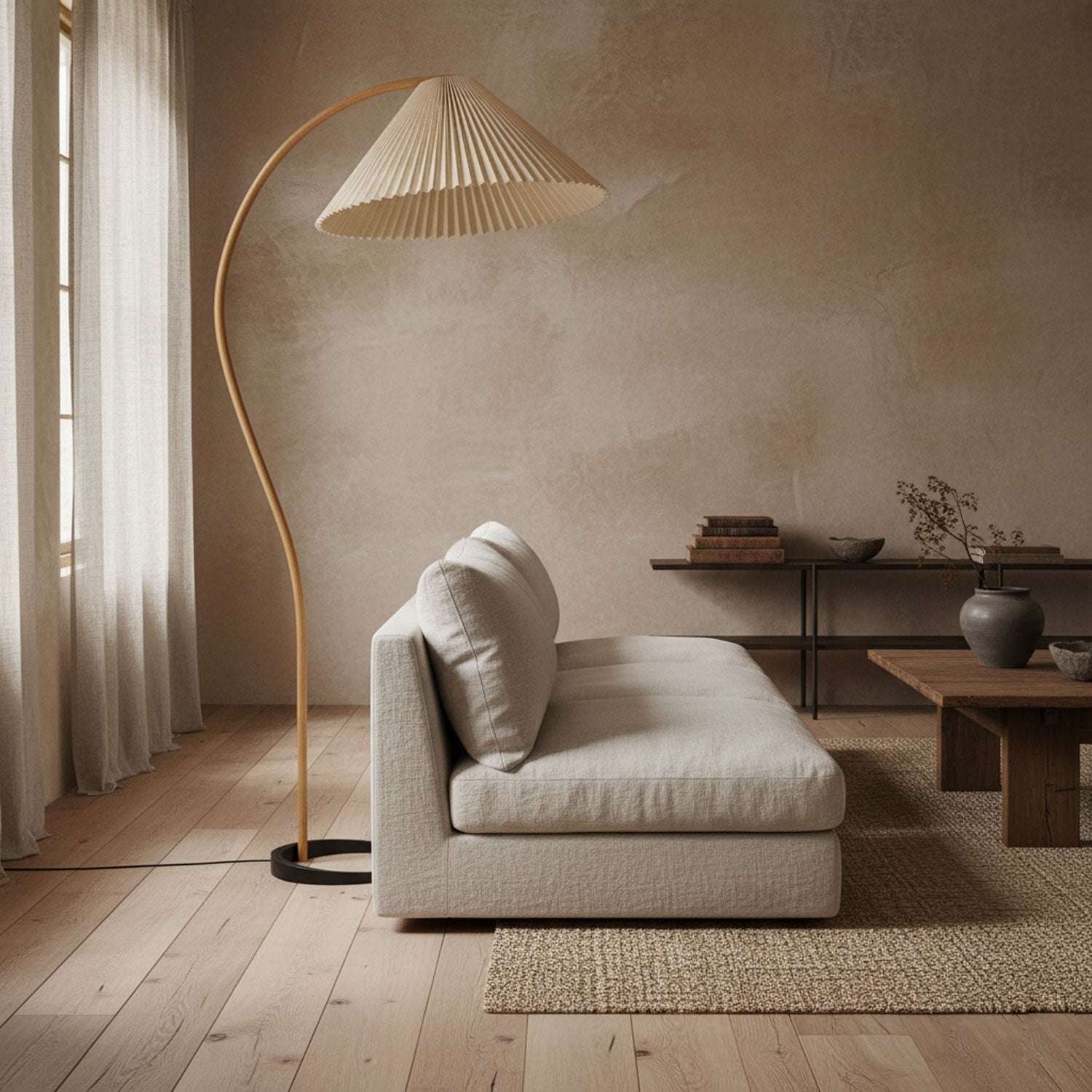 Beech wood floor lamp with soft linen shade against a plain wall