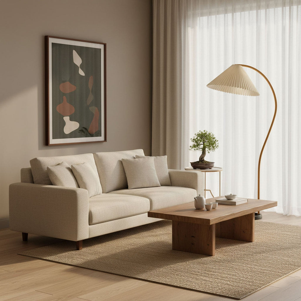 Floor lamp with natural wood stem and fabric shade close-up