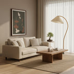Floor lamp with natural wood stem and fabric shade close-up