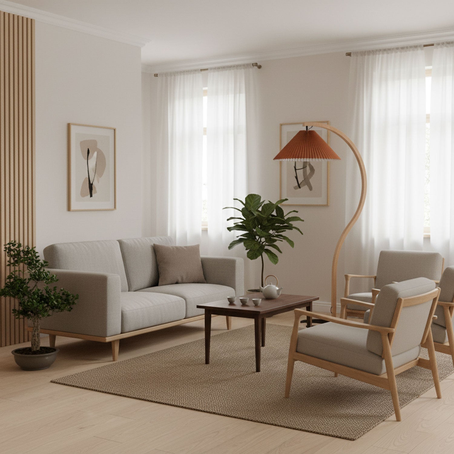 Floor Lamp, Caprani Beechwood & Linen Shade, E26/E27, Plug-In
