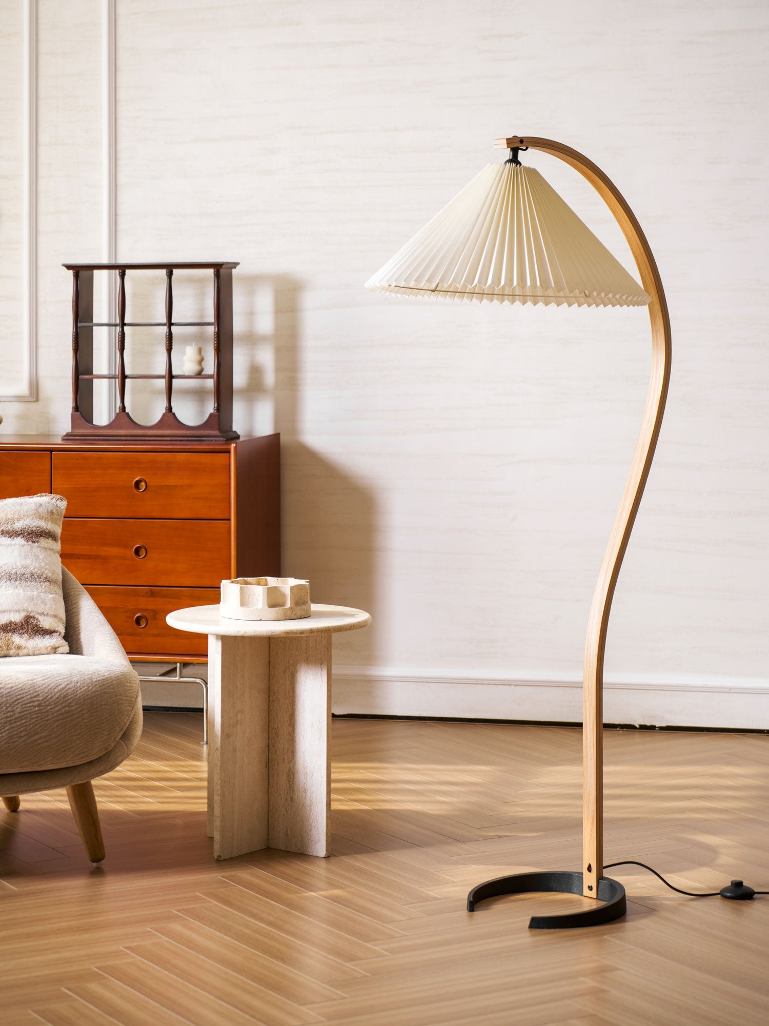 Beech wood floor lamp detail highlighting stem and shade join