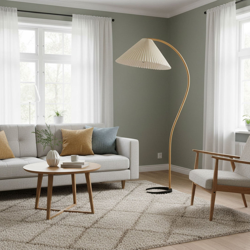 Floor lamp with linen drum shade and natural beechwood stem