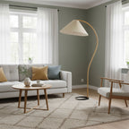 Floor lamp with linen drum shade and natural beechwood stem