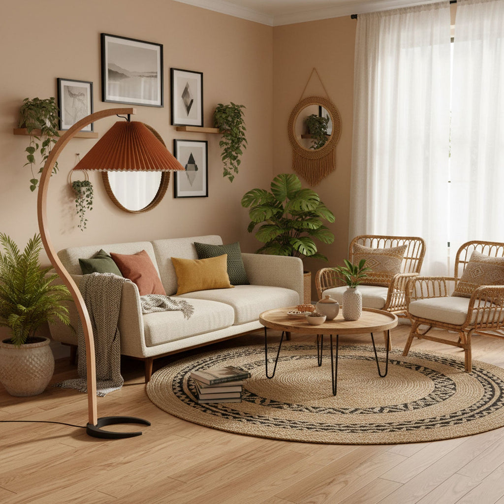 Caprani floor lamp standing in a cozy reading nook with soft light