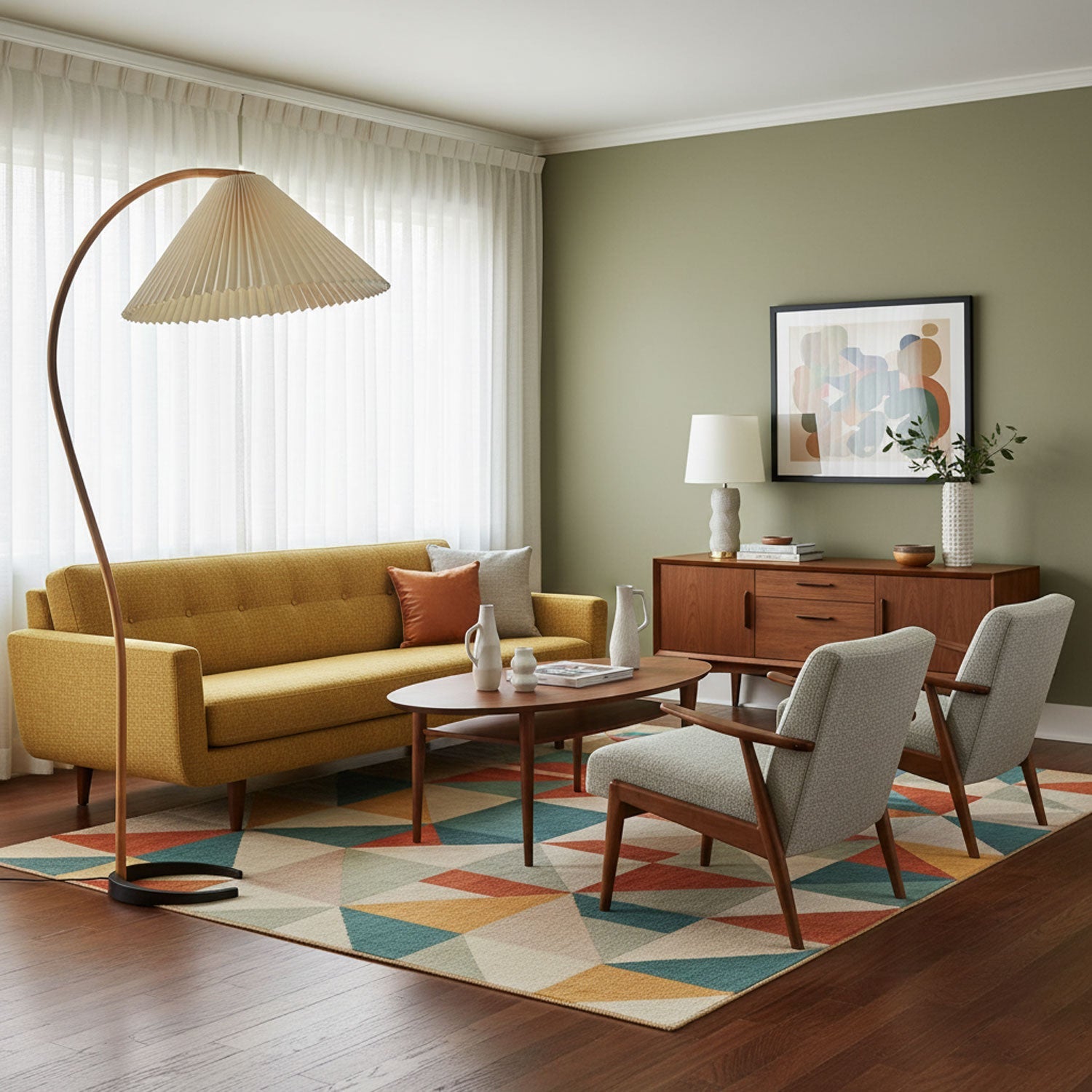 Beechwood and linen floor lamp shown in a neutral interior