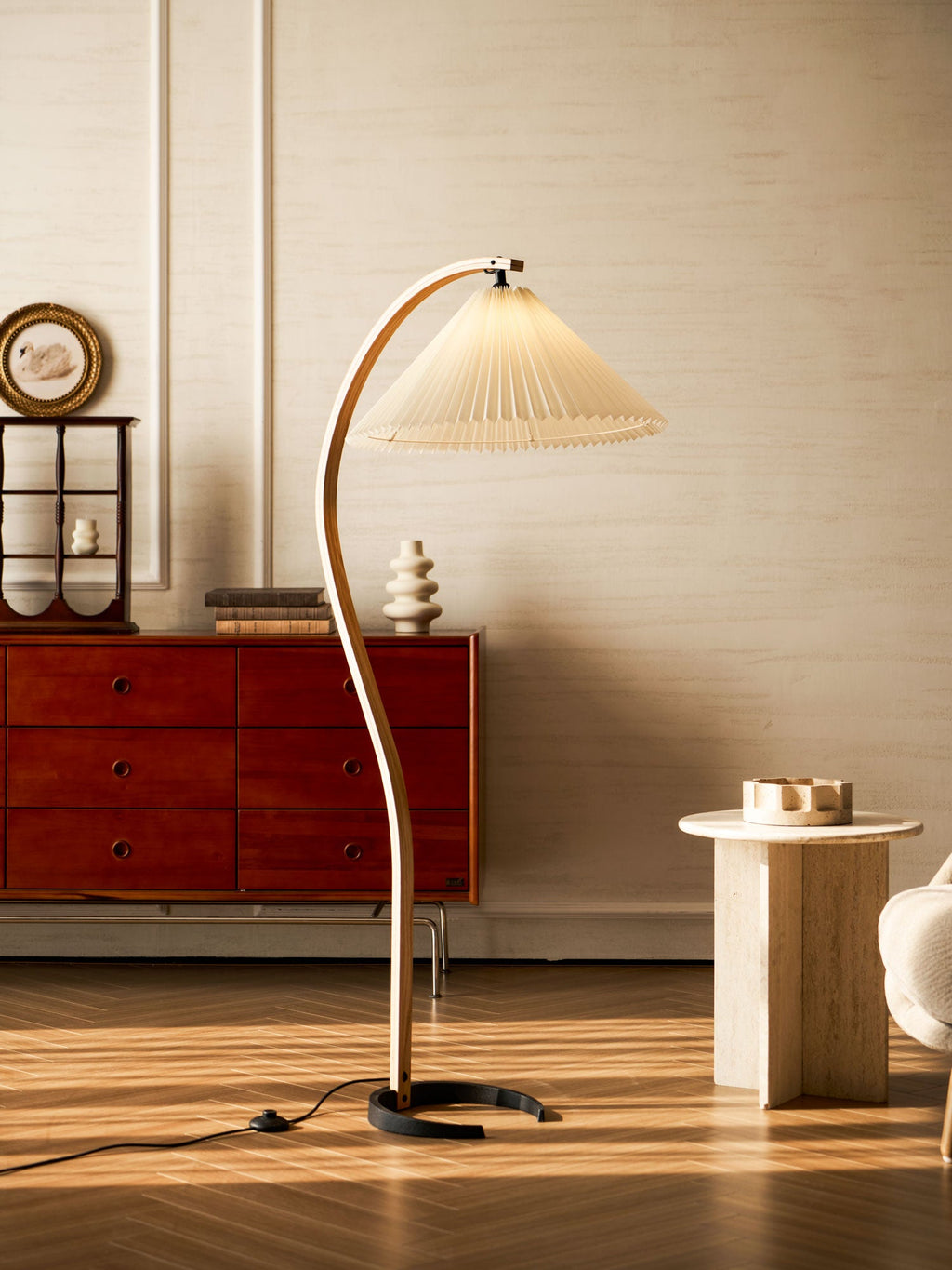 Caprani floor lamp with linen shade in a styled home setting