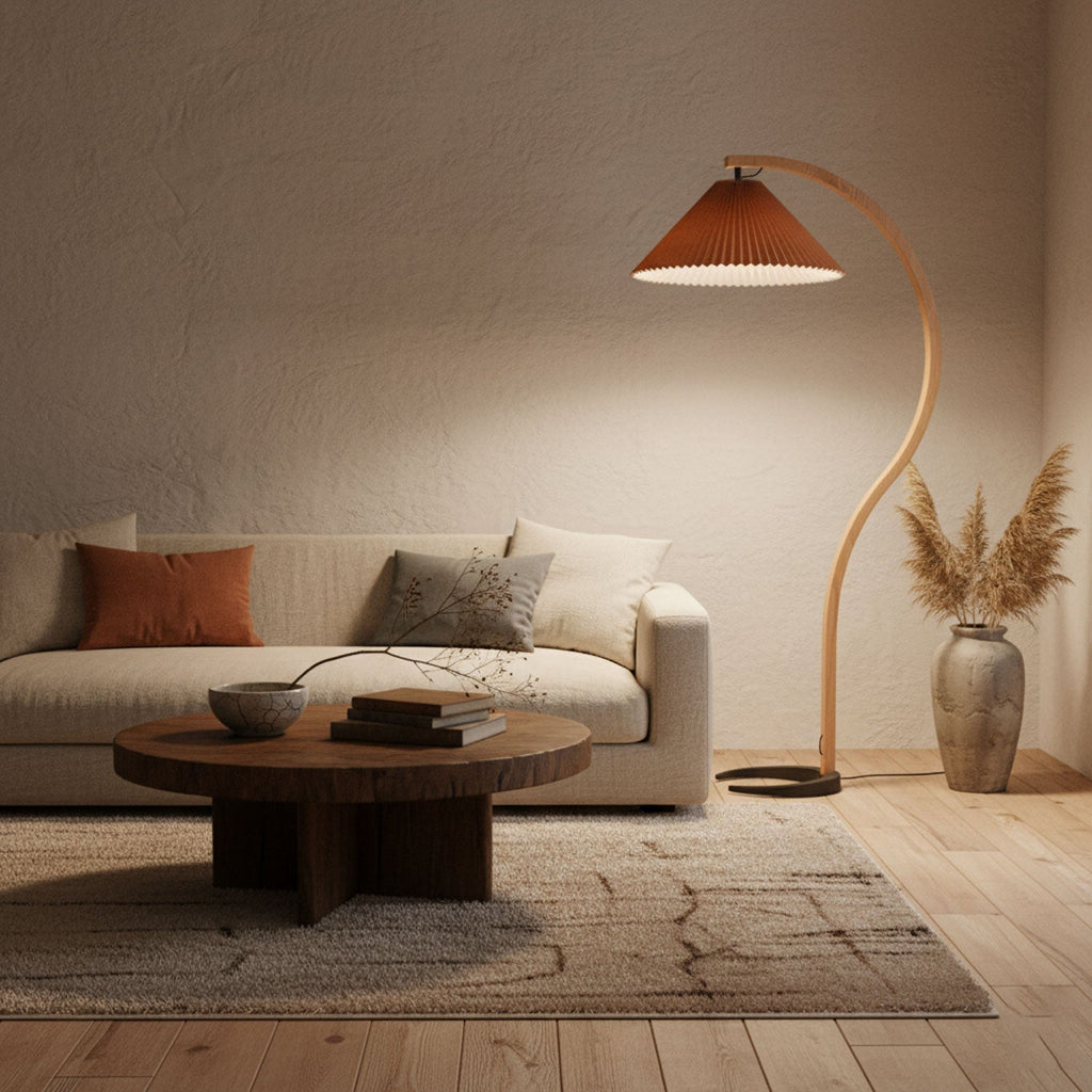 Floor Lamp, Caprani Beechwood & Linen Shade, E26/E27, Plug-In