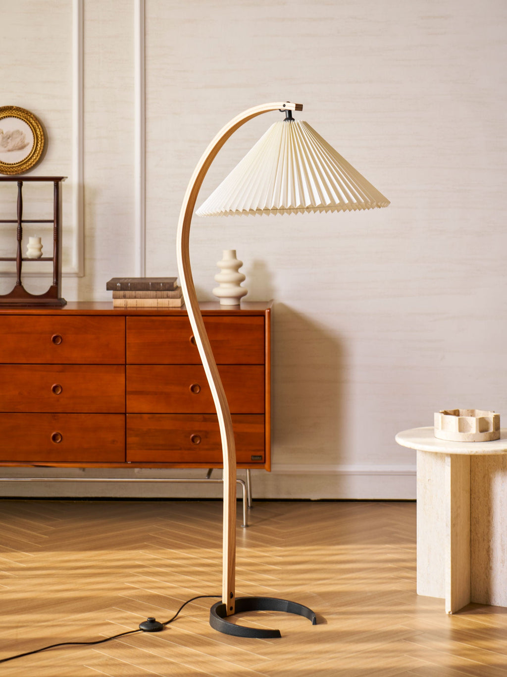 Floor Lamp, Caprani Beechwood & Linen Shade, E26/E27, Plug-In