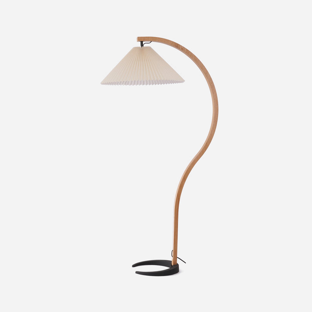 Floor lamp with natural beech wood stem and soft linen drum shade