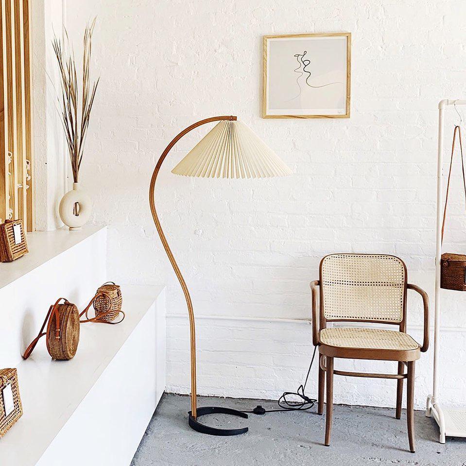 Floor Lamp, Caprani Beechwood & Linen Shade, E26/E27, Plug-In