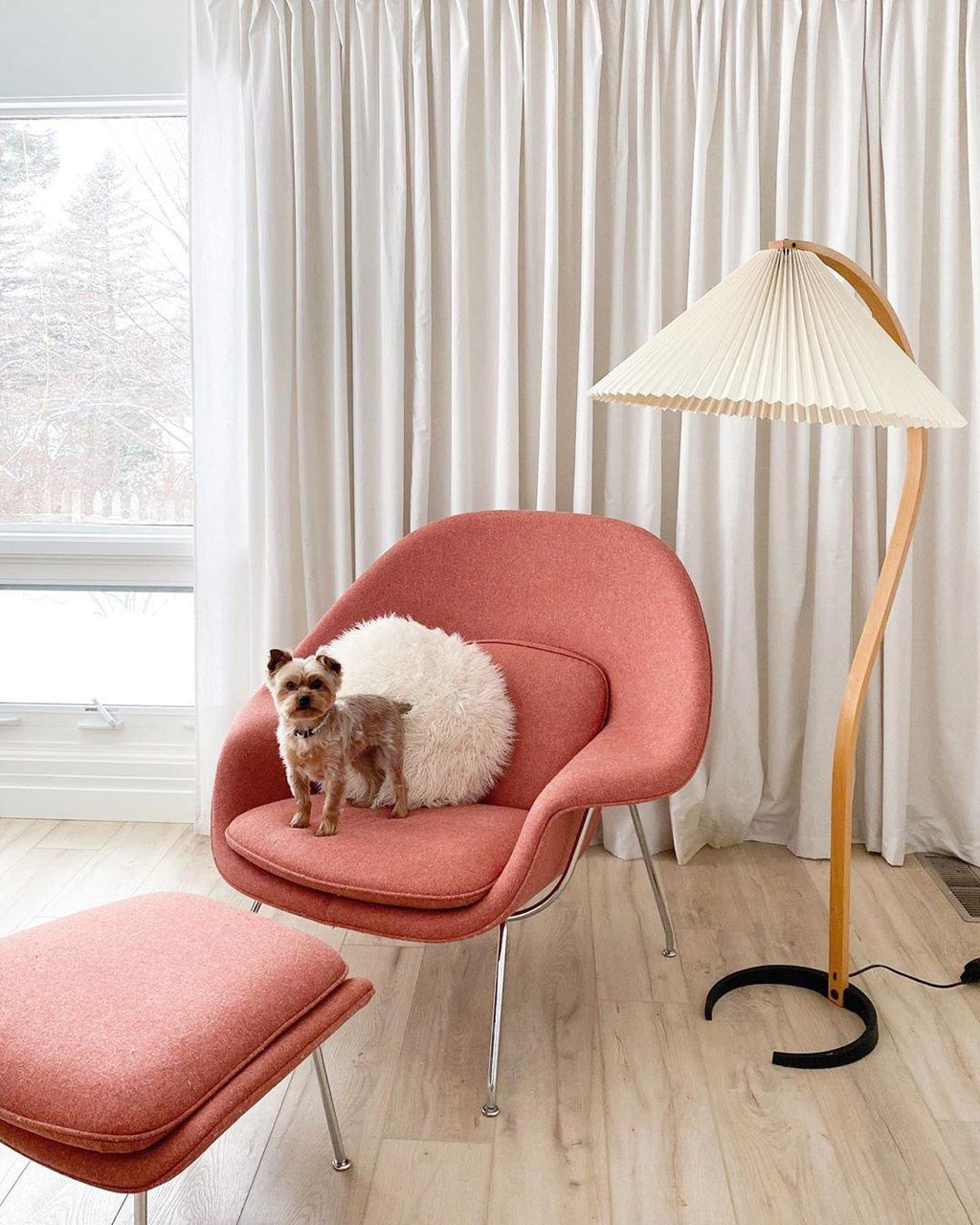 Floor Lamp, Caprani Beechwood & Linen Shade, E26/E27, Plug-In
