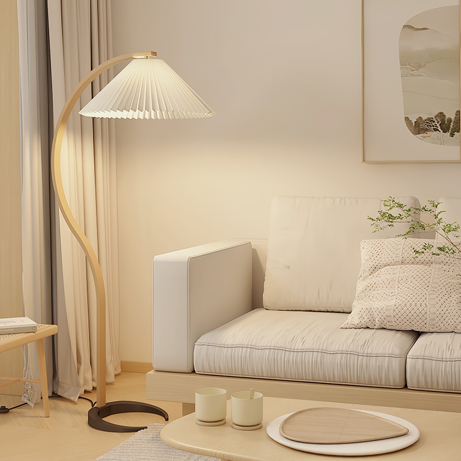 Floor Lamp, Caprani Beechwood & Linen Shade, E26/E27, Plug-In