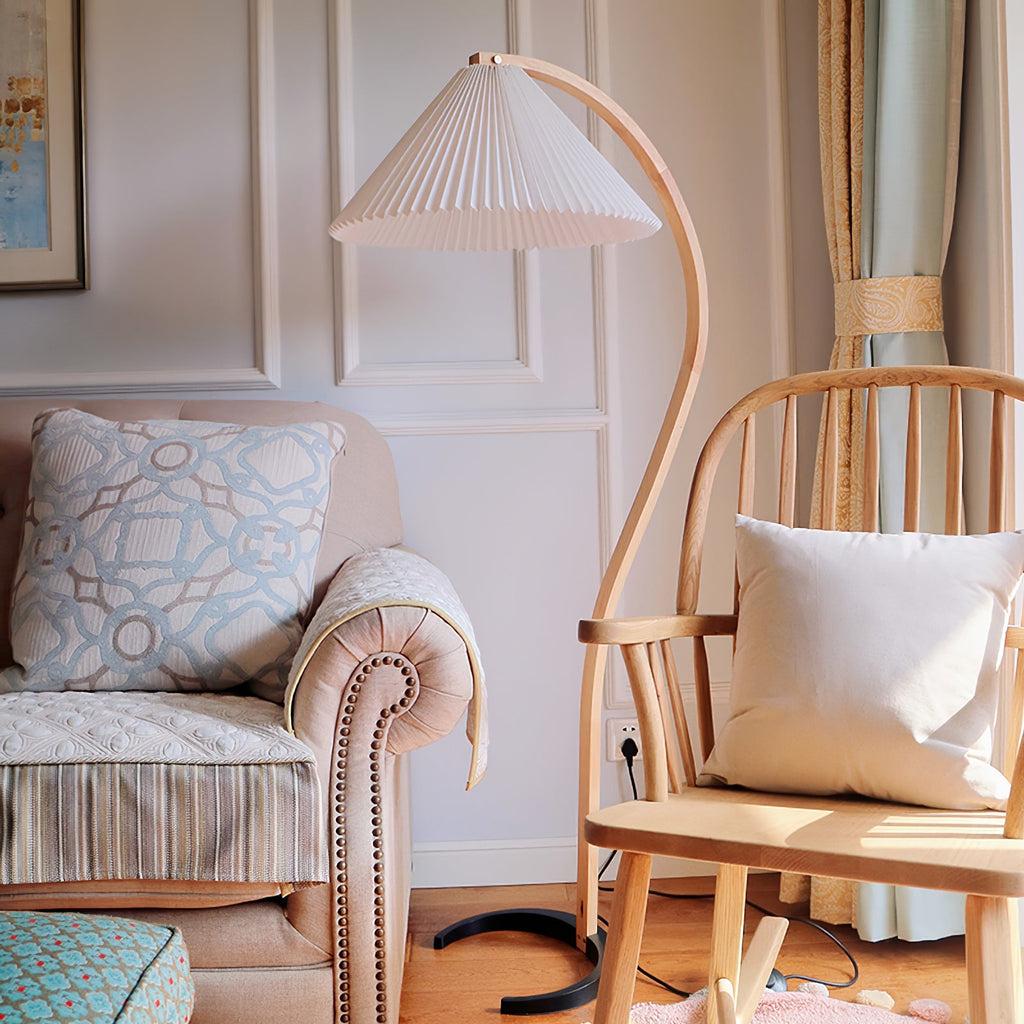 Floor Lamp, Caprani Beechwood & Linen Shade, E26/E27, Plug-In