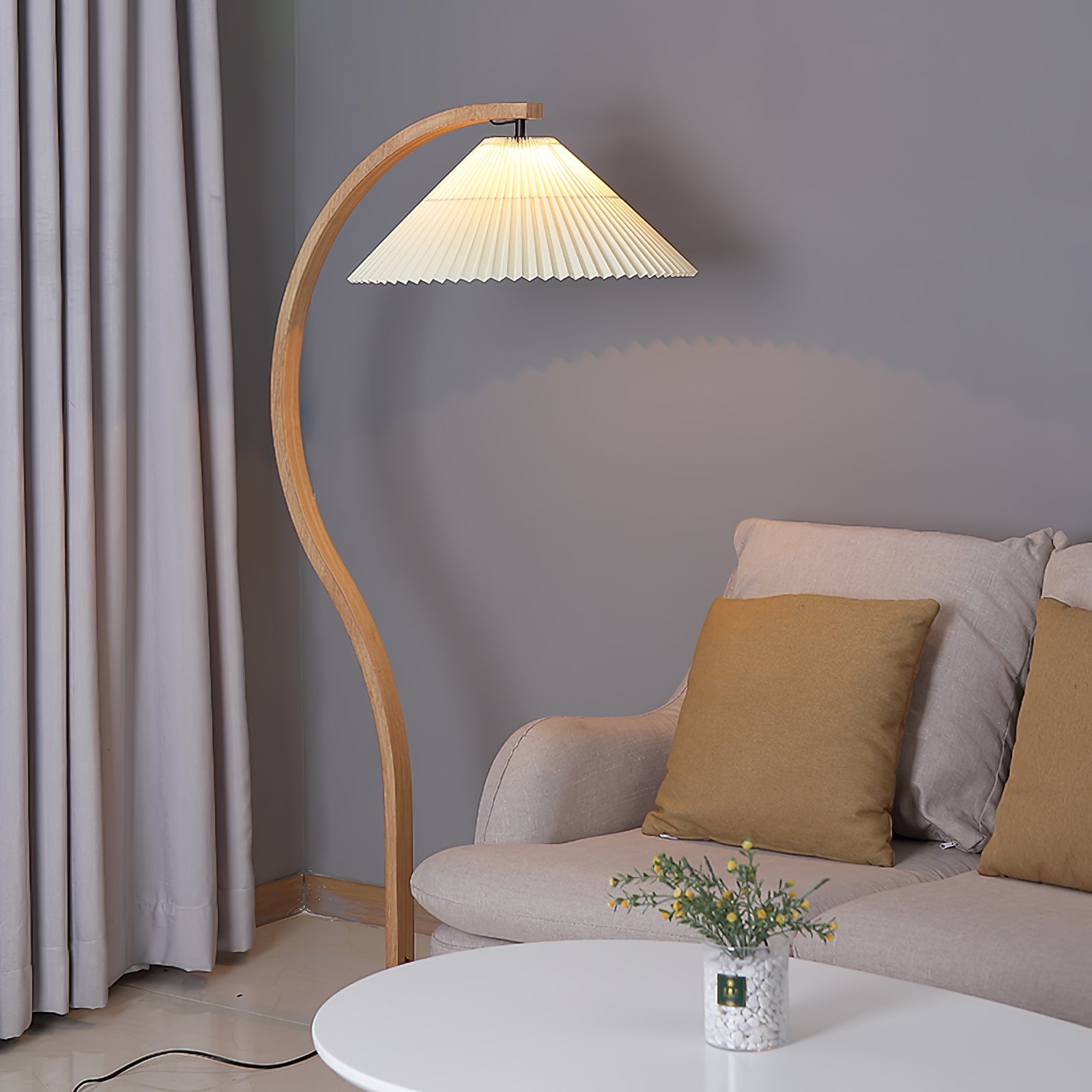 Floor Lamp, Caprani Beechwood & Linen Shade, E26/E27, Plug-In