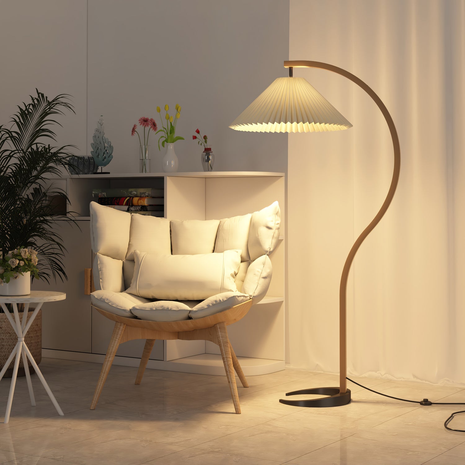 Floor Lamp, Caprani Beechwood & Linen Shade, E26/E27, Plug-In