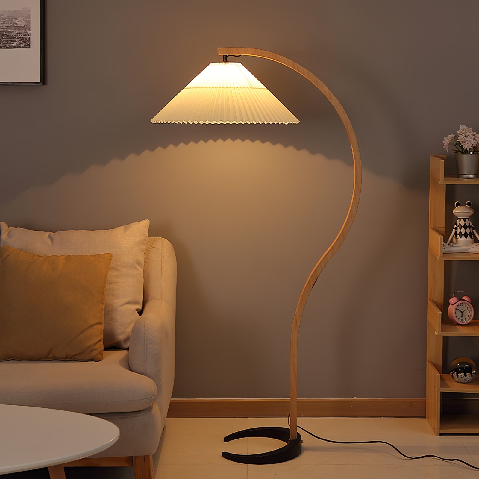 Floor Lamp, Caprani Beechwood & Linen Shade, E26/E27, Plug-In