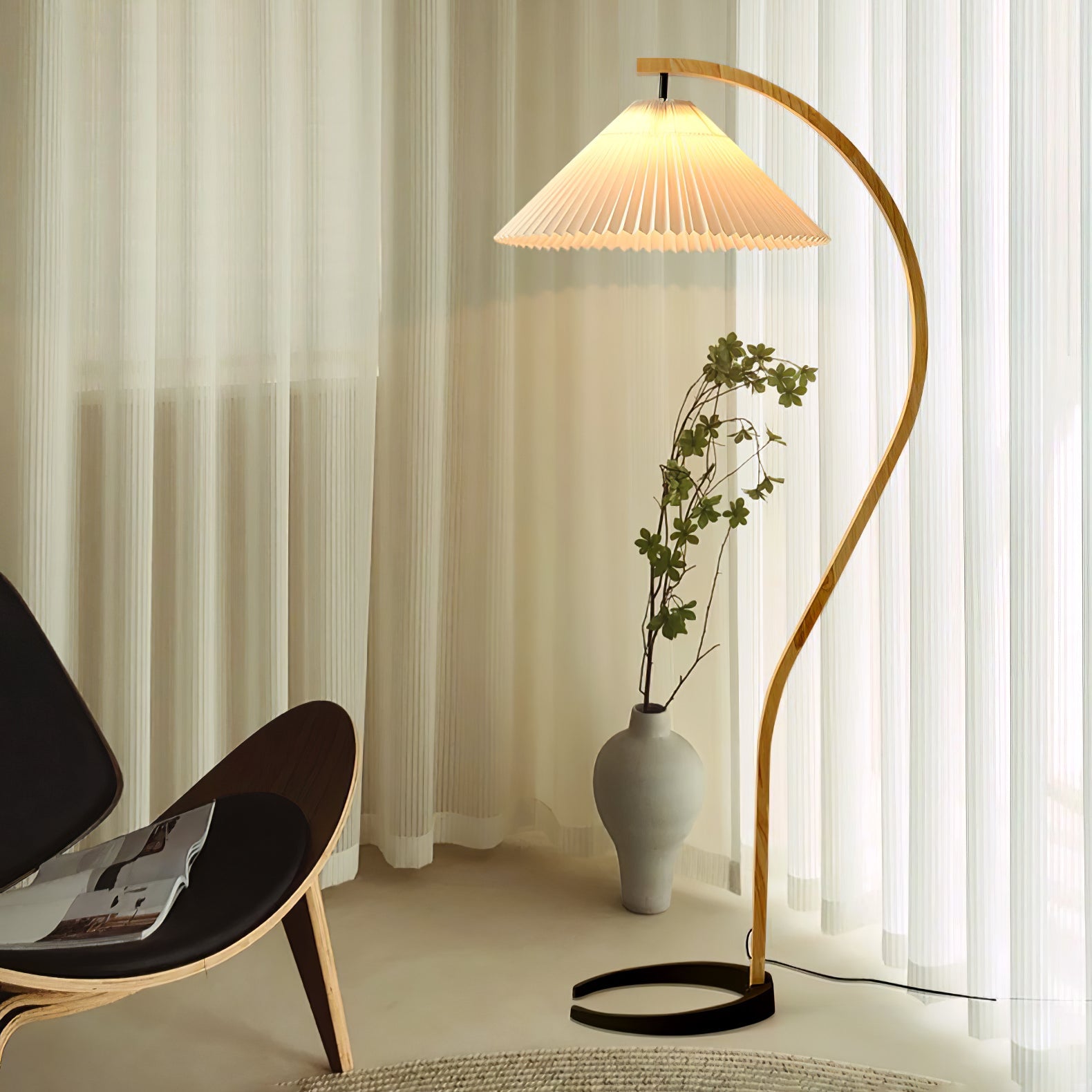Floor Lamp, Caprani Beechwood & Linen Shade, E26/E27, Plug-In