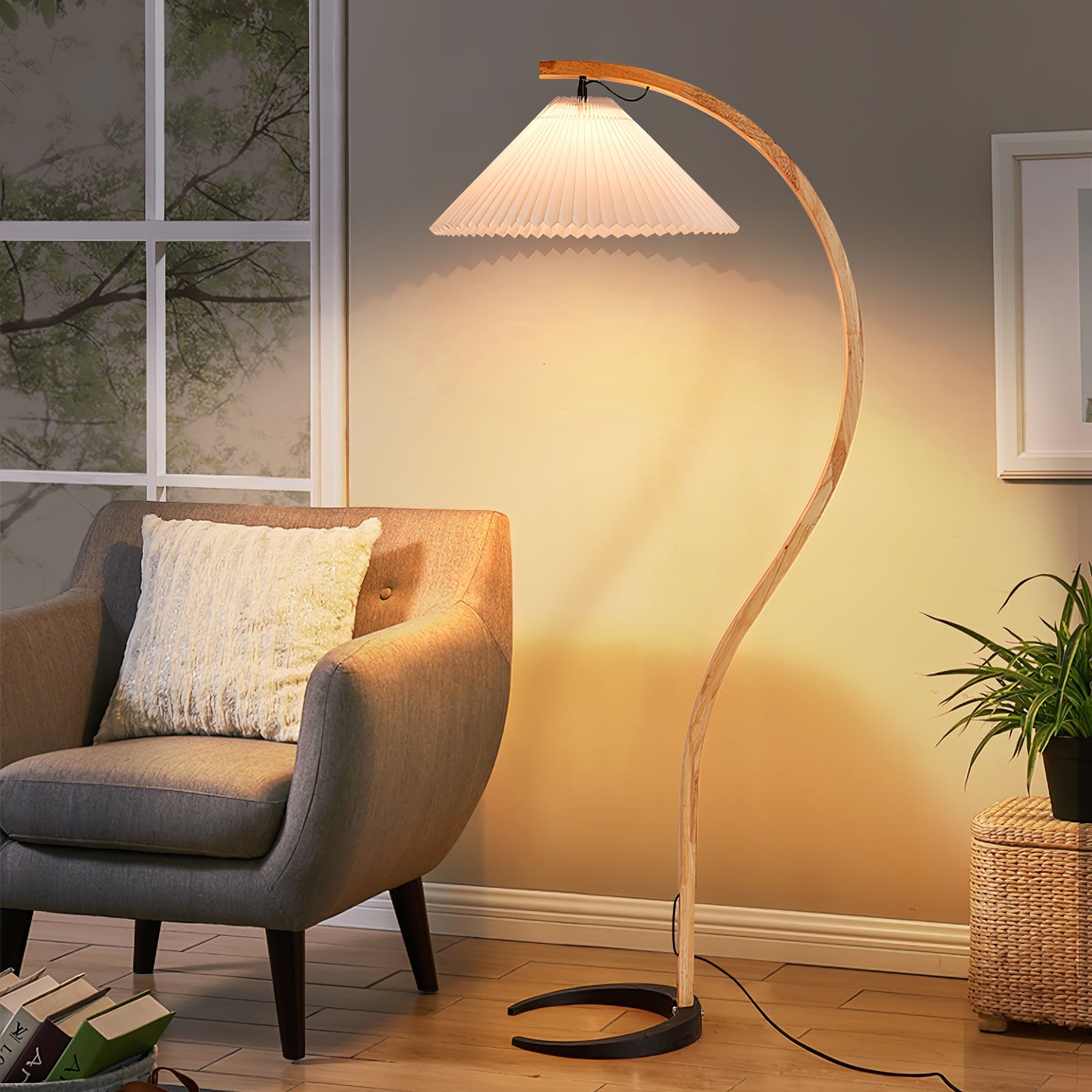 Floor Lamp, Caprani Beechwood & Linen Shade, E26/E27, Plug-In