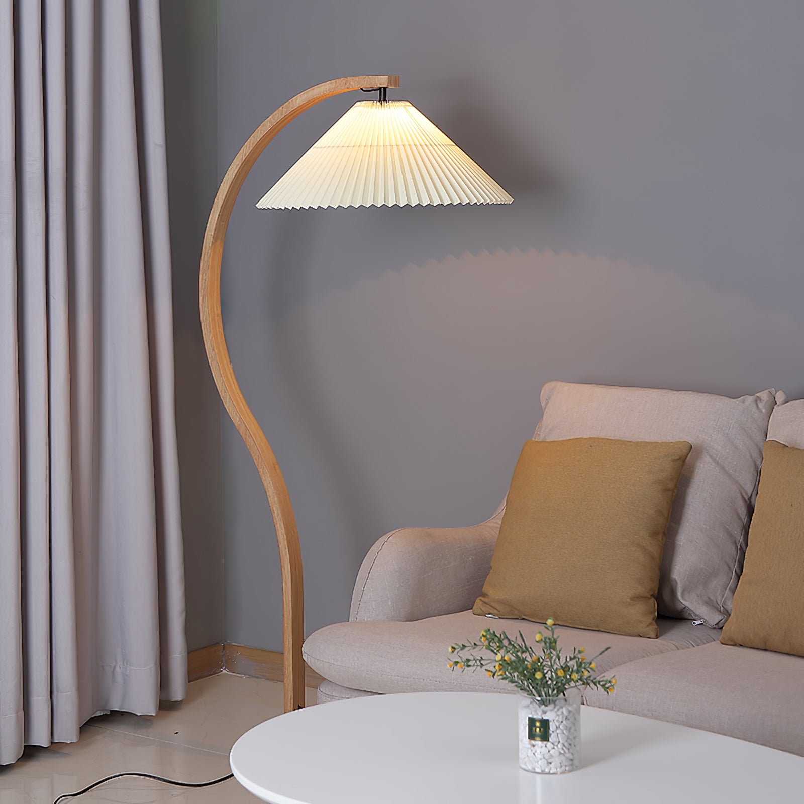 Floor Lamp, Caprani Beechwood & Linen Shade, E26/E27, Plug-In