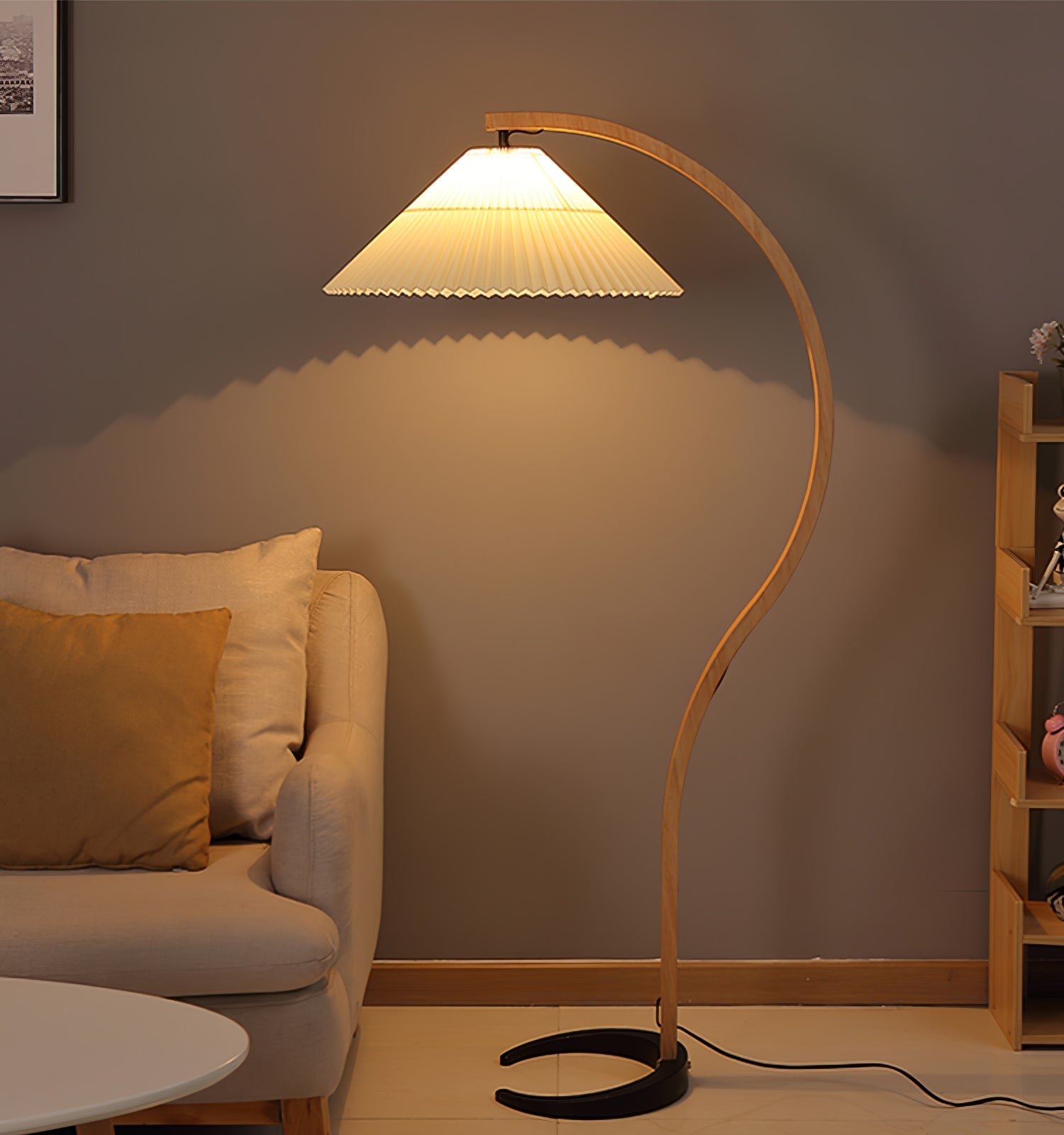 Floor Lamp, Caprani Beechwood & Linen Shade, E26/E27, Plug-In