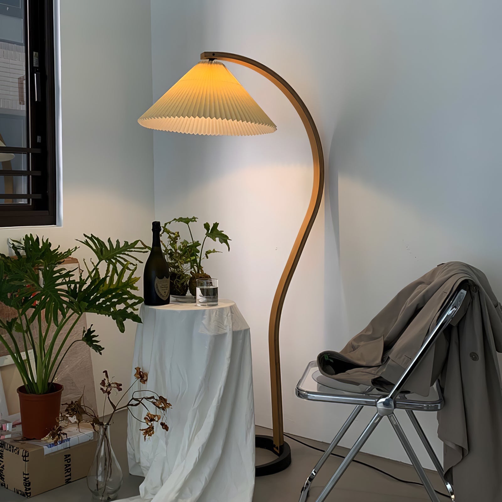 Floor Lamp, Caprani Beechwood & Linen Shade, E26/E27, Plug-In