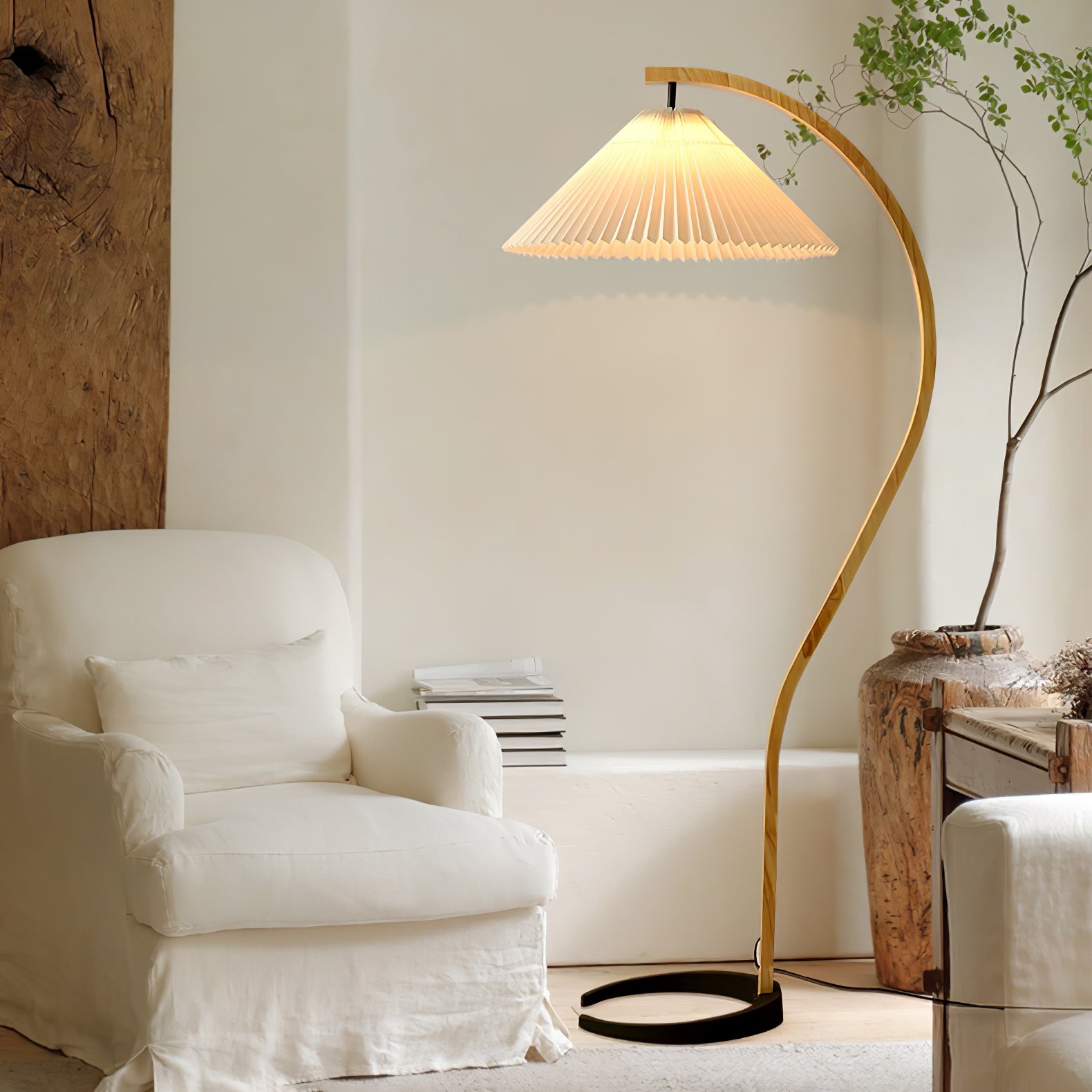 Floor Lamp, Caprani Beechwood & Linen Shade, E26/E27, Plug-In