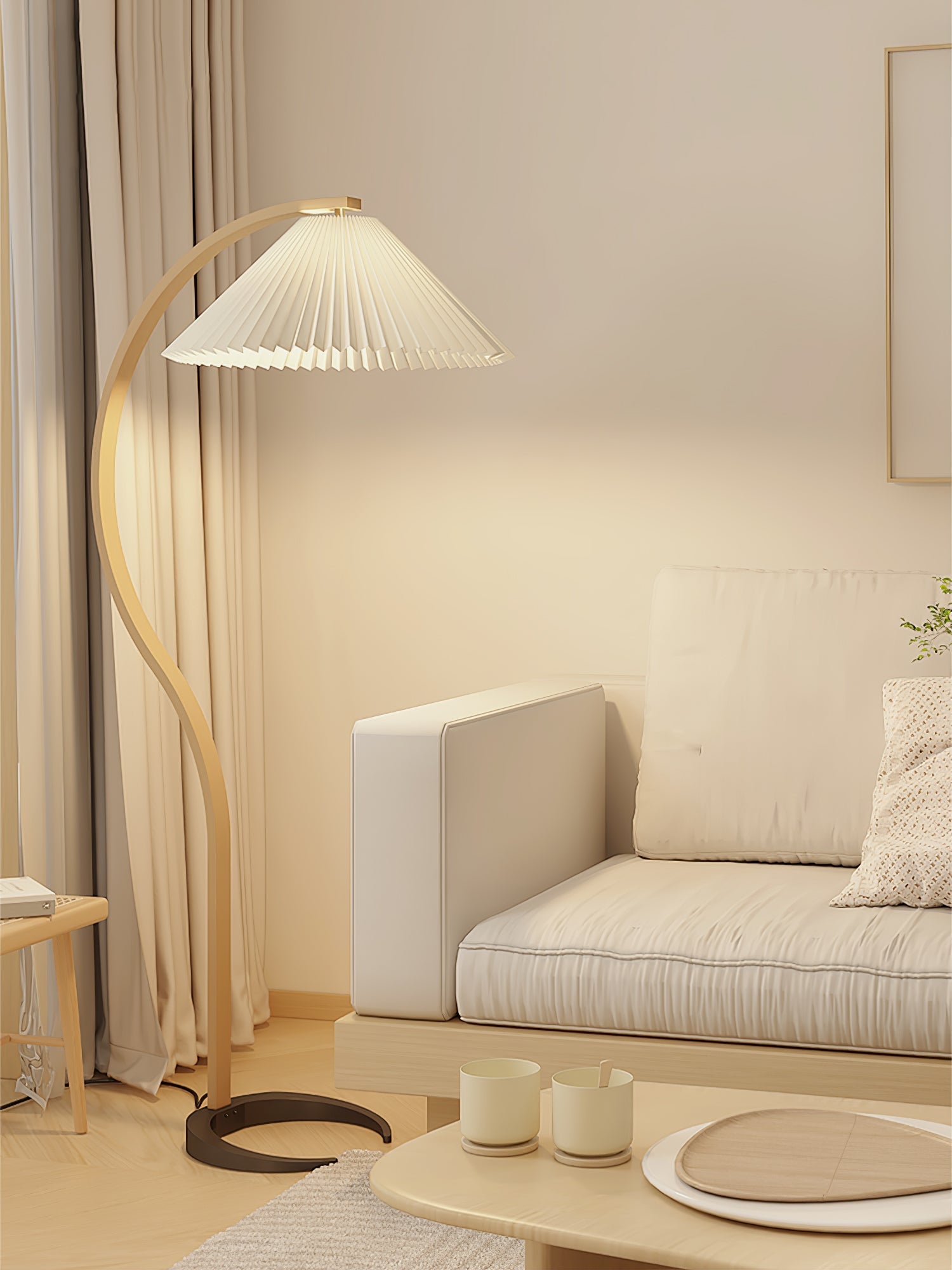 Floor Lamp, Caprani Beechwood & Linen Shade, E26/E27, Plug-In