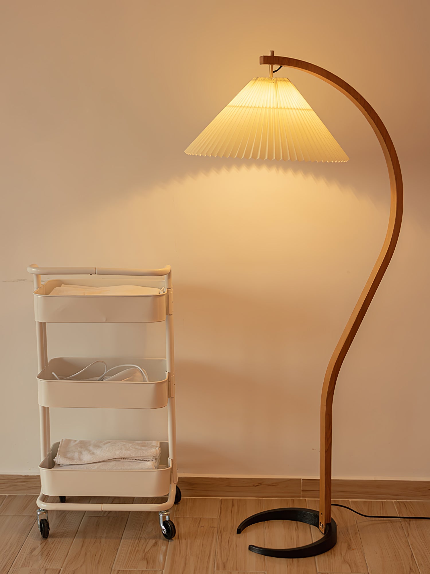 Floor Lamp, Caprani Beechwood & Linen Shade, E26/E27, Plug-In